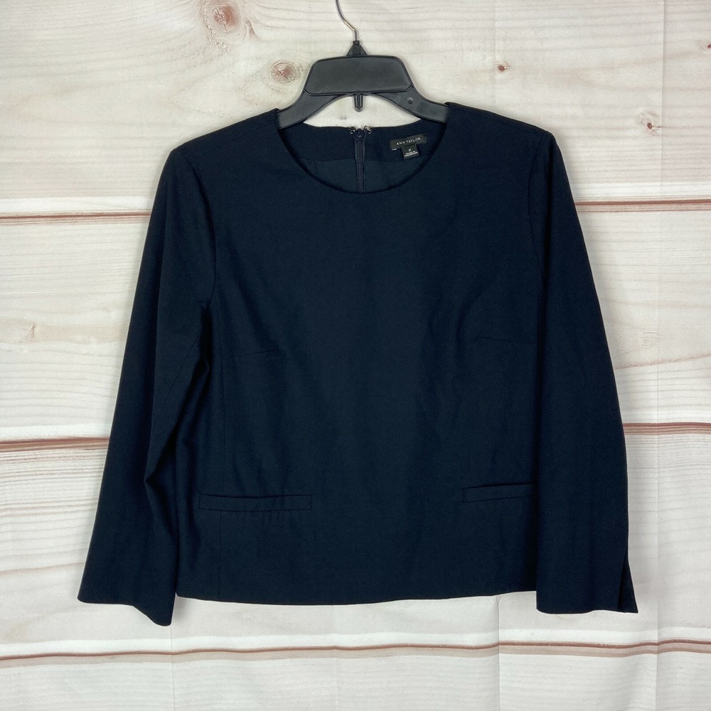 Ann Taylor Top Womens 2 Blue Long Sleeve Blouse Stretch Crew Neck Solid Zipper